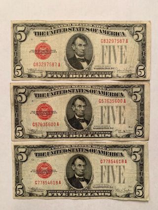 (3) 1928 $5 Red Seal Legal Tender Crisp United States Note Vf - Xf
