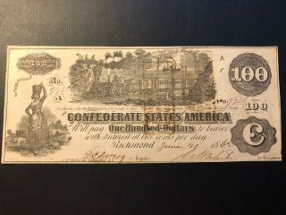 1862 T - 39 A $100 One Hundred Dollar Confederate Currency,  Train Note,  No 9736