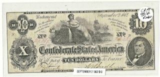 1862 $10 Ten Dollar Confederate State Of America Note Sept.  2nd
