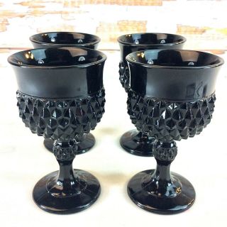 Vintage Tiara Indiana Glass Black Onyx Wine Goblets Set Of 4 Diamond Point