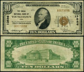Youngstown Oh $10 1929 Ty 1 National Bank Note Ch 13586 Union Nb Vf