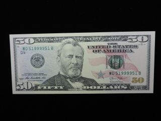 2013 $50 Us Dollar Frn Bank Note Md 51999951 B Two Digit Bookend Quad Bill Cu D4