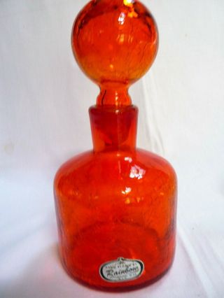 Vintage Rainbow Crackle Glass Decanter Orange Mcm Label