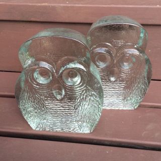 Blenko Heavy Glass Owl Bookends / Mid Century / Pair 2