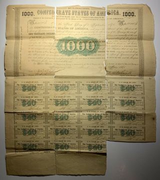 1861 $1000 Confederate States Of America Loan Certificate W/coupons See Descri