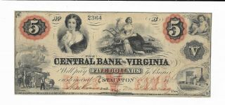 1860 $5 Central Bank Of Virginia Staunton Serial 2364 Plate B Maids Train Cows