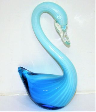Murano Filigrana Art Glass Opalescent Blue Swan Sculpture By Dino Martens 8.  7 " H