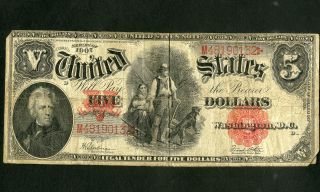 Us Paper Money 1907 $5 United States Note Wood Chopperno Reserve