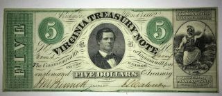 Civil War $5 Virginia Treasury Note,  Richmond,  Virginia 1862