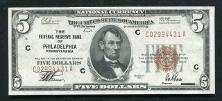 Fr.  1850 - C 1929 $5 Frbn Federal Reserve Bank Note Philadelphia,  Pa About Unc