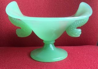 Fenton Green Art Glass Jadeite Double Dolphin Handle Footed Compote -