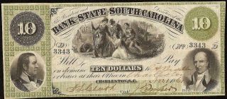 Large 1861 $10 Charleston South Carolina Bank Note Currency Old Paper Money Vf