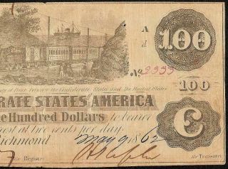 1862 $100 Dollar Confederate States Currency Civil War Note Old Paper Money T - 39