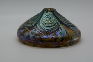 Vintage Signed Studio Art Glass Bud Vase 1993 Iridescent Swirl Blue Purple Green