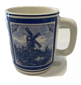 Handpainted Vintage Delft Blue Delfino Made In Holland Mug Windmills