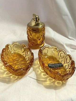 Vintage L.  E.  Smith Daisy And Button Amber Glass Ashtray Set And Lighter