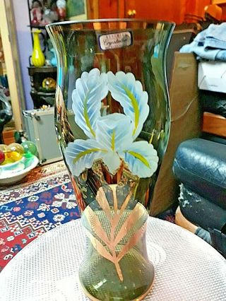 Bohemia Handmade Crystalex Green Vase,  Made In Czech Republic Gold Gilt & Tag