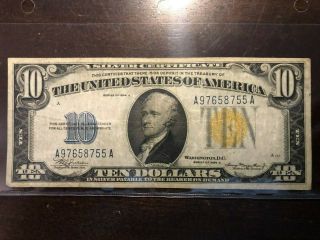 1934 A $10 - Yellow Seal Silver Certificate - Very.