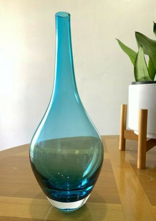 Retired Ikea Mid Century Style Glass Tall Large Blue Turquoise Vase Crystal