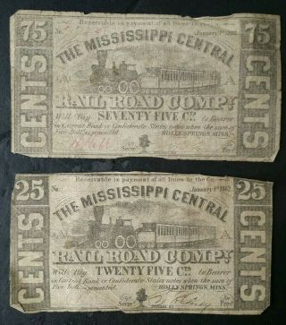 Two 1862 Mississippi Central Railroad Company Obsolete Currency Notes