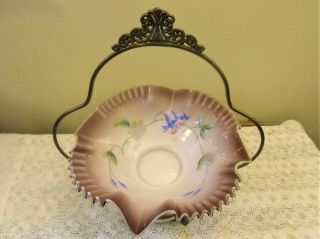 Victorian Cased Glass Brides Basket In Silver Plated Stand Hand Painted