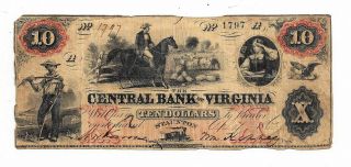 1860 The Central Bank Of Virginia,  Staunton - Ten Dollar Obsolete Note No.  1797