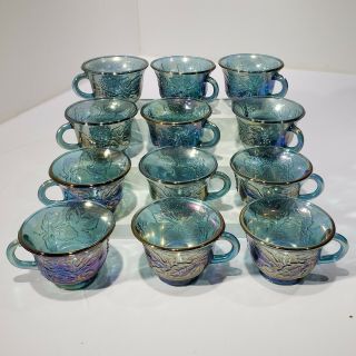 Vintage Harvest Grape Blue Iridescent Carnival Glass Tea Cup Set Of 12
