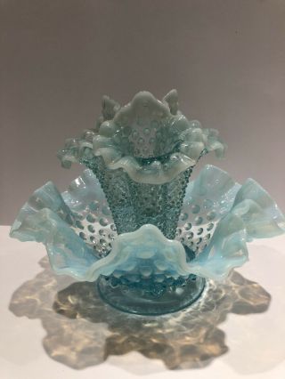 Vintage Fenton Blue Opalescent Hobnail Art Glass Bowl/ Three Horn Vase