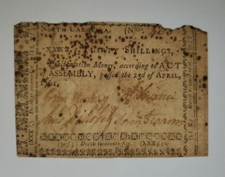 1761 Province Of North Carolina 30 Shillings Note