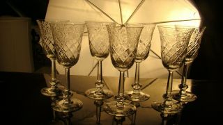 7 Vintage 7 3/4 " Etched Crystal Wine Glasses,  Etched Cut Glass,  Flowers,  Leaves