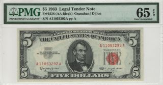 1963 $5 Legal Tender Note Red Seal Fr.  1536 Aa Block Pmg Gem Unc 65 Epq (292a)