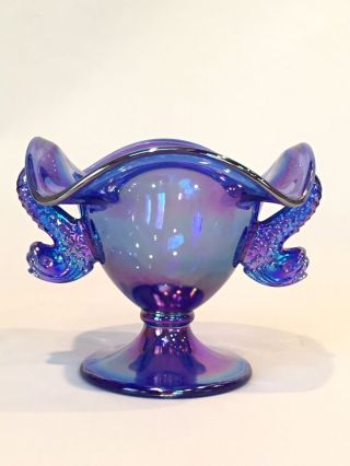 Fenton Cobalt Blue Carnival Double Dolphin Handle Footed Compote 2