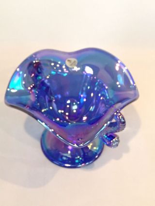 Fenton Cobalt Blue Carnival Double Dolphin Handle Footed Compote 3