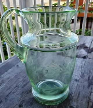 Vintage Green Depression Glass Pitcher With Etched Roses