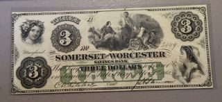 1862 Salisbury,  Maryland - Somerset And Worcester Savings Bank $3 Civil War Era