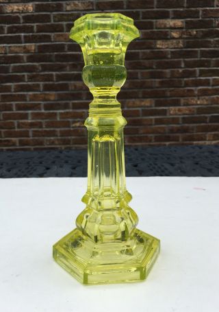 Canary Yellow Eapg Hexagonal Boston & Sandwich Uranium Flint Glass Candle Holder