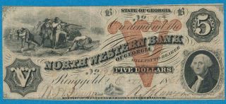$5.  00 1861 Northwestern Bank Of Ringgold Georgia,  Bunker Hill,  Vf Obsolete