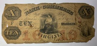1832 $10 Bank Of Commerce Obsolete Bank Note Virginia