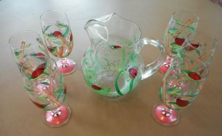 Lady Bug Design Hand Painted Glass Pitcher & 6 Drinking Glass Set Artist Signed