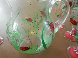 Lady Bug Design Hand Painted Glass Pitcher & 6 Drinking Glass Set Artist Signed 2