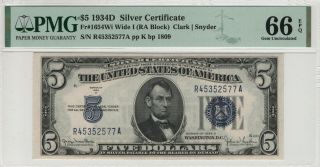 1934 D $5 Silver Certificate Fr.  1654 Ra Block Pmg Gem Uncirculated 66 Epq (577a)
