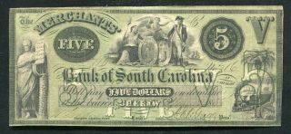 1858 $5 The Merchants’ Bank Of South Carolina At Cheraw,  Sc Obsolete Note