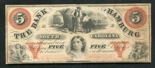 1860 $5 The Bank Of Hamburg South Carolina Obsolete Currency Note