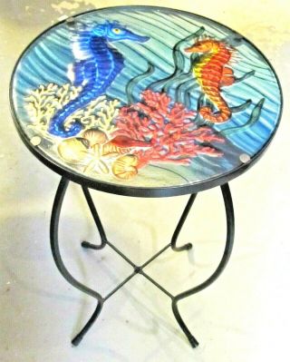 Seahorse In The Coral Fused Glass Hand Crafted Decorative Table