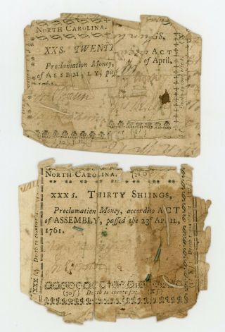 (pair) April 23,  1761 20 & 30 Shillings North Carolina Colonial Currency Notes