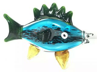 Large Art Glass Fish 10”x7” Murano Style Tropical Fish W/ Blue,  Yellow,  Green.