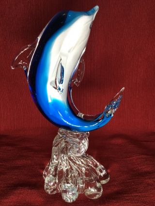 Tall 9 1/2” Blue Dolphin Murano Art Glass Riding A Large Wave