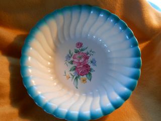 Vintage Homer Laughlin Serving Bowl Blue Swirled Rim With Pink Rose Pattern 9 "
