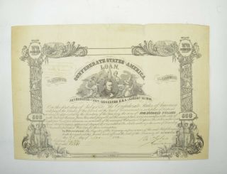 Authentic - 1862 Confederate States - Civil War $500 Bond Certificate 170