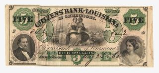1860 $5 Citizens Bank Of Louisiana At Shreveport Obsolete Bank Note